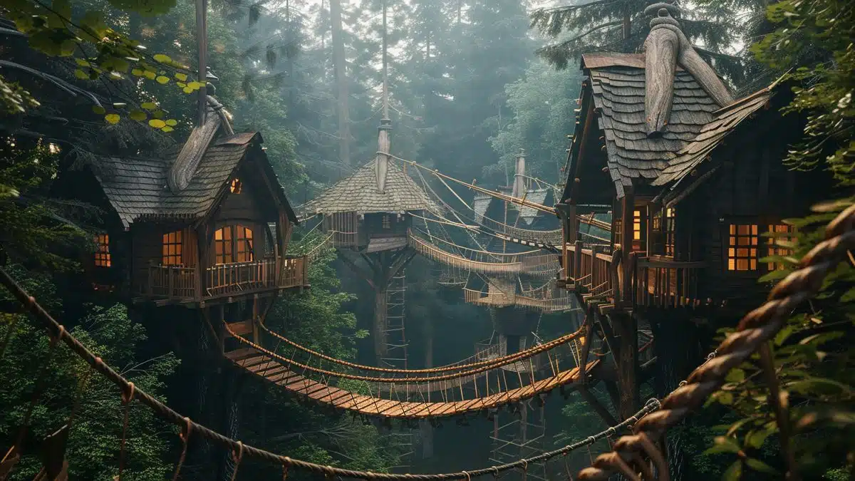 Cozy cabins nestled in the treetops, connected by rope bridges.