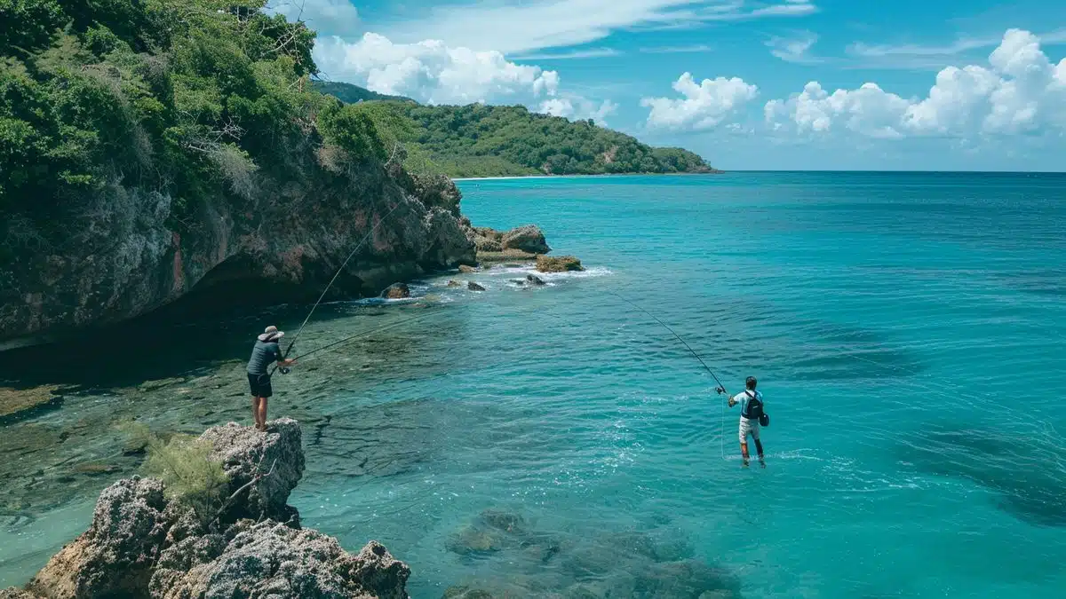 Friends fishing peacefully at Colombier's designated zones.