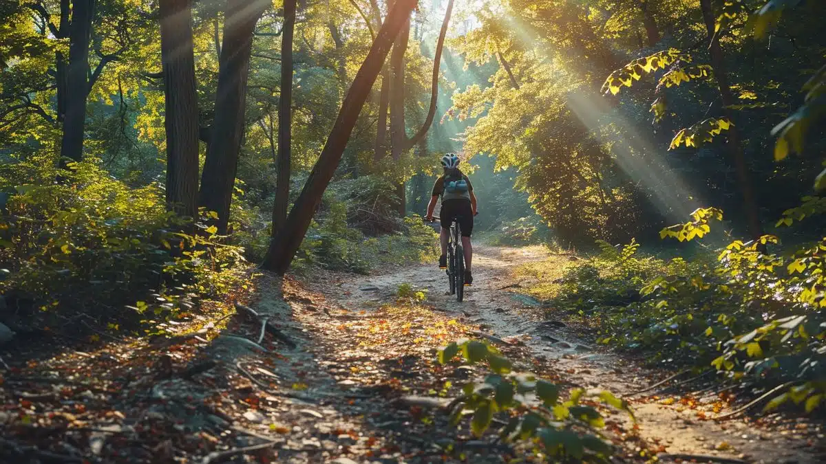 Cyclist riding through Francheville's forest trail, sunbeams creating patterns on the ground.