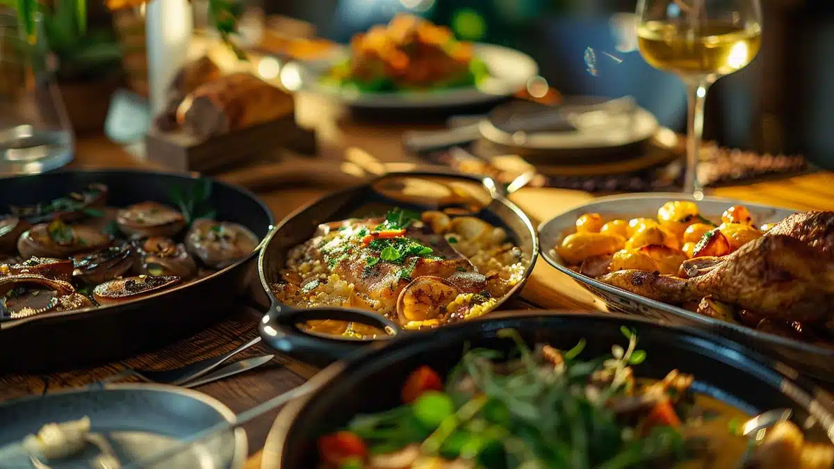 Closeup of various Lyonnaise dishes on a wooden table.