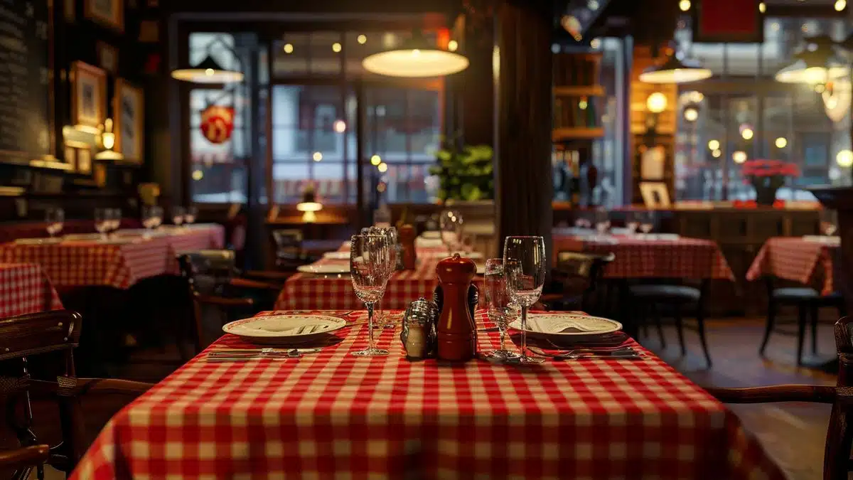 Cozy Lyon restaurant with traditional redchecked tablecloths and warm lighting.