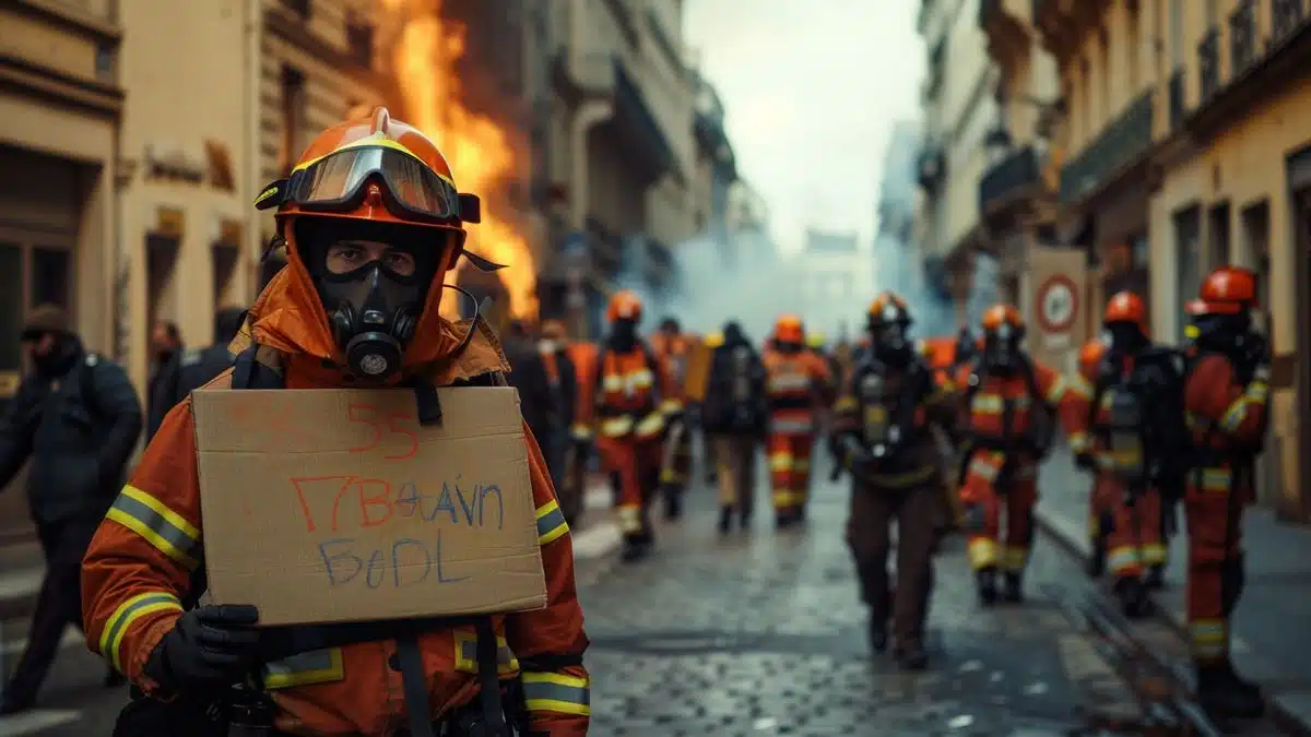 Firefighters holding protest signs in Lyon streets.