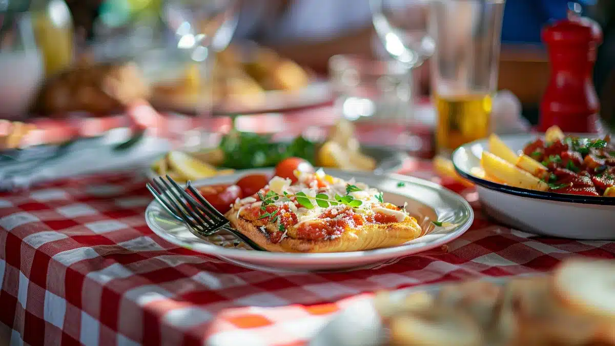 Closeup of a red and white checkered tablecloth with traditional Lyonnaise dishes.