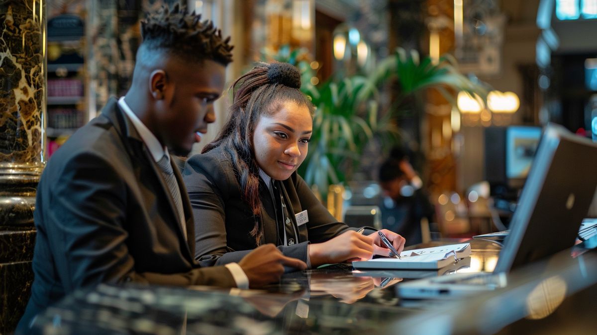 Hospitality students practicing front desk skills at a hotel reception.