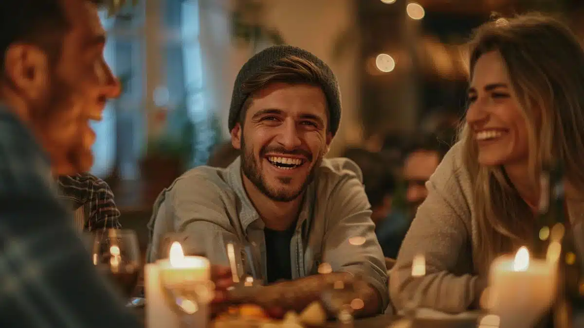 Alexis Pinturault sharing a laugh with guests at the dinner table.