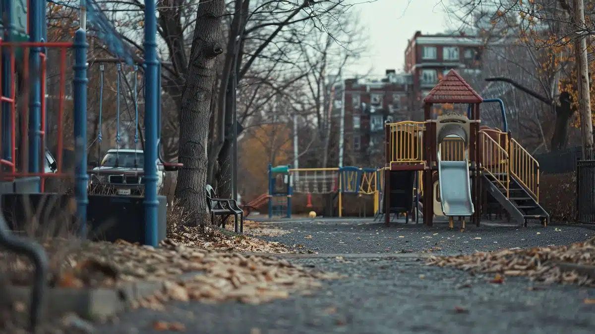 Distant view of unguarded playground next to traffic.