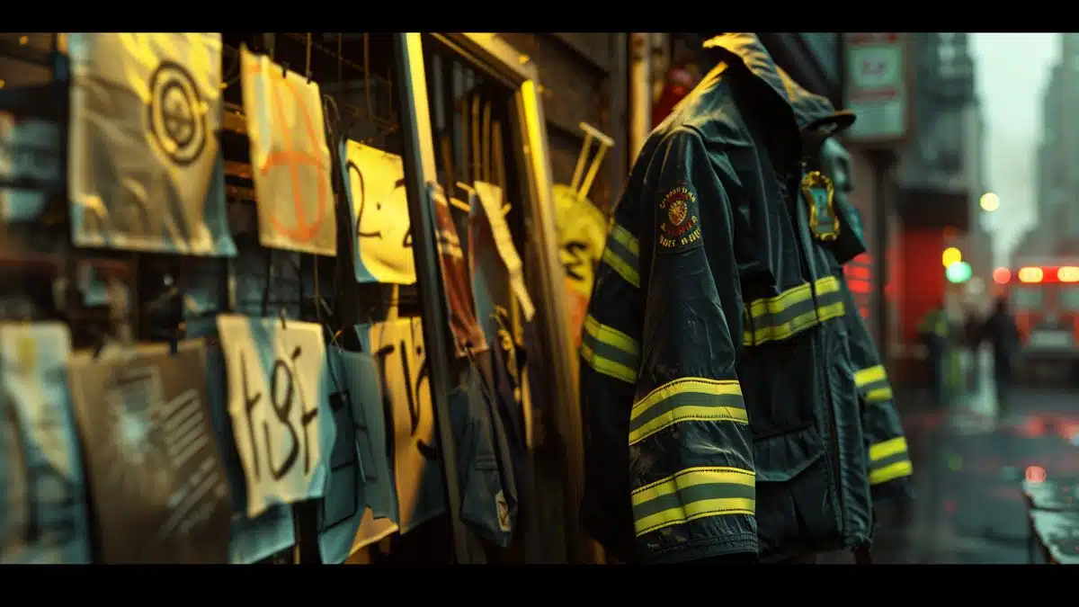 Firefighter uniform hanging next to protest posters.