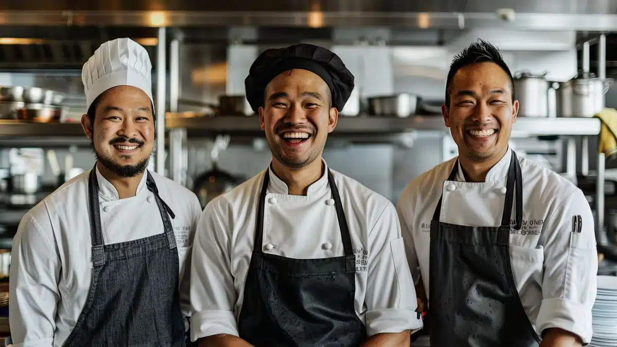 Portrait of three acclaimed chefs smiling in a kitchen.