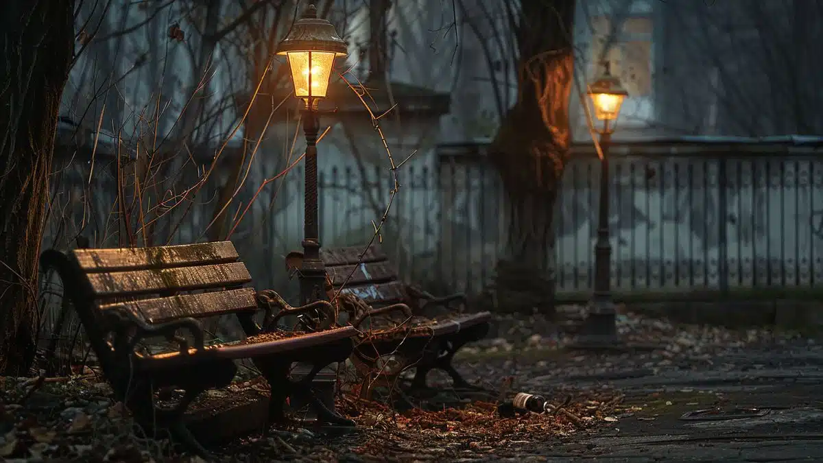 Rusty streetlights and damaged benches.