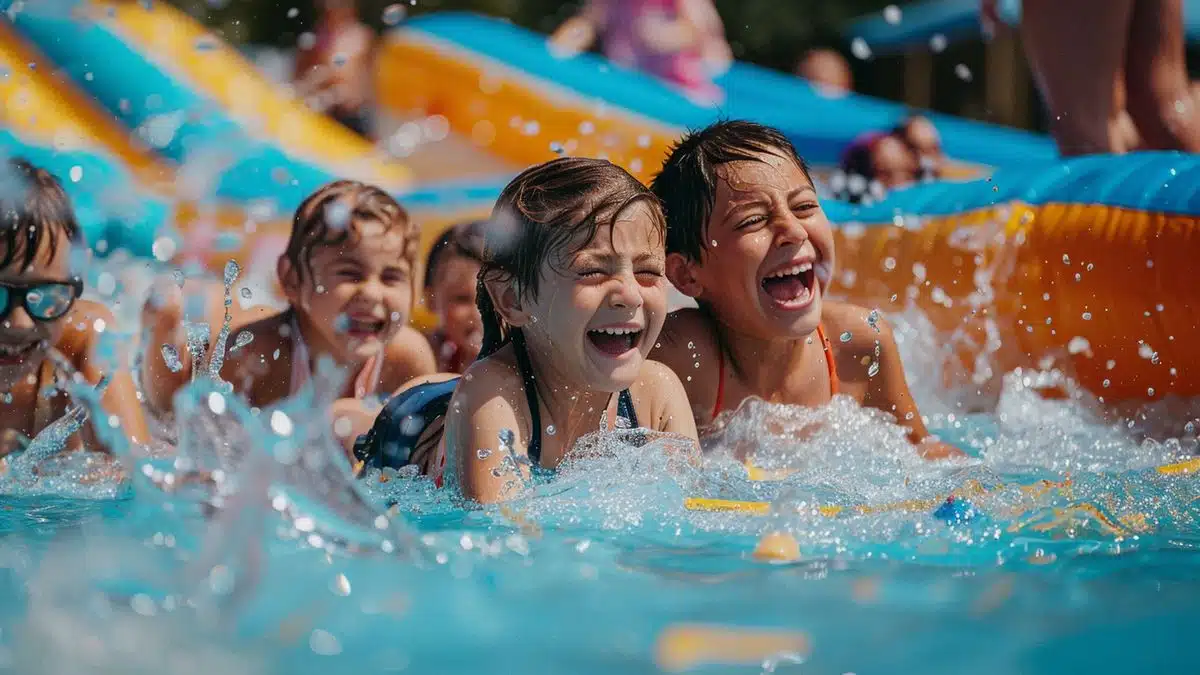 A group of children laughing while playing on inflatable water games at Wam Park.