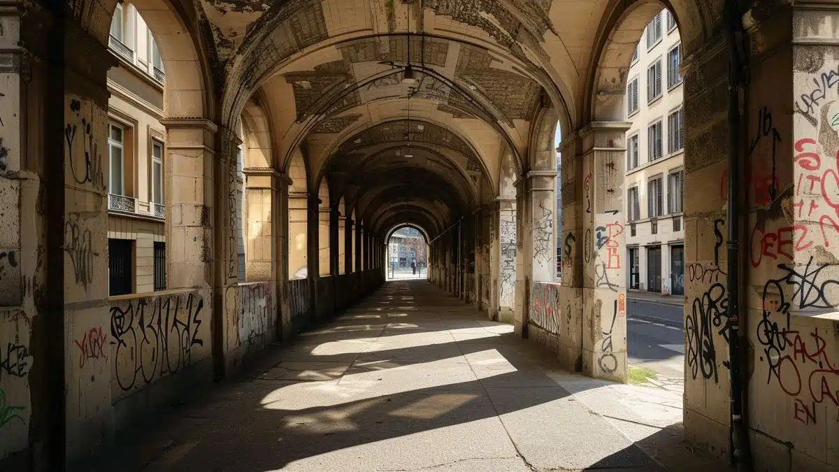 Weekday view of underutilized urban spaces in Lyon.