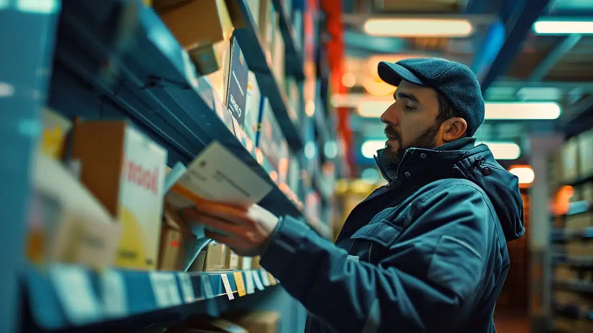 Closeup of a postal worker sorting mail at La Poste.