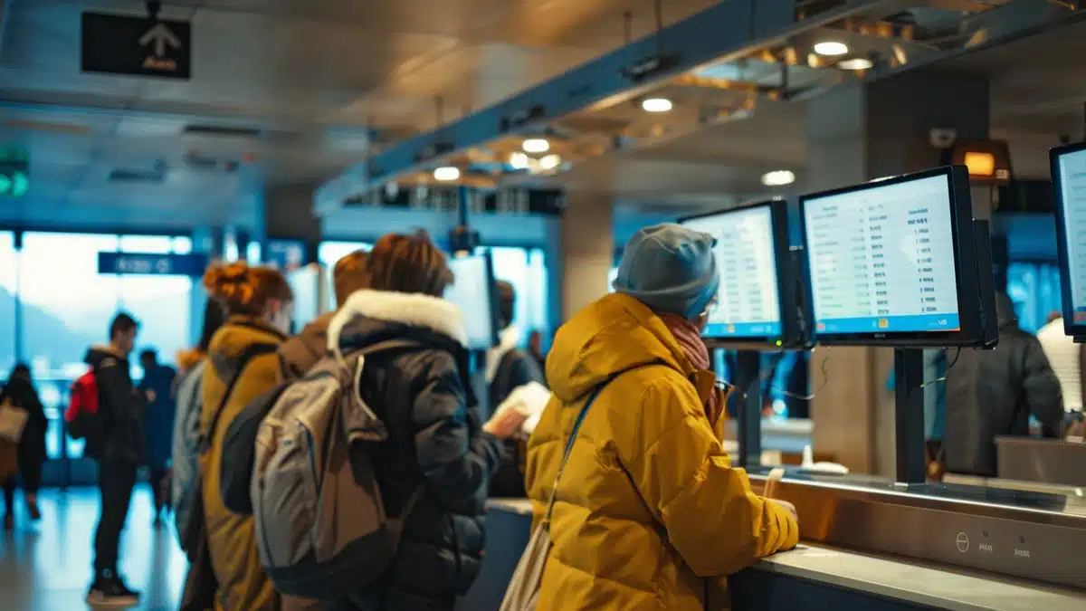 Passengers queuing at Lyon Airport information desk with screens showing delayed flights.