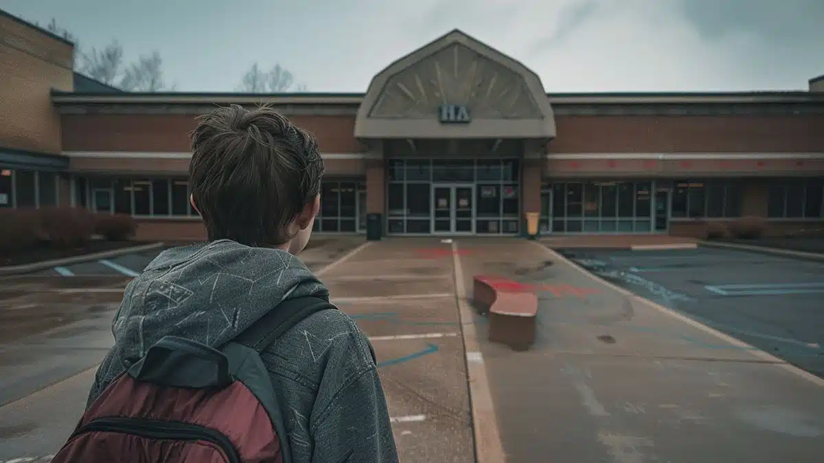 A young person looking longingly at a closed community center.