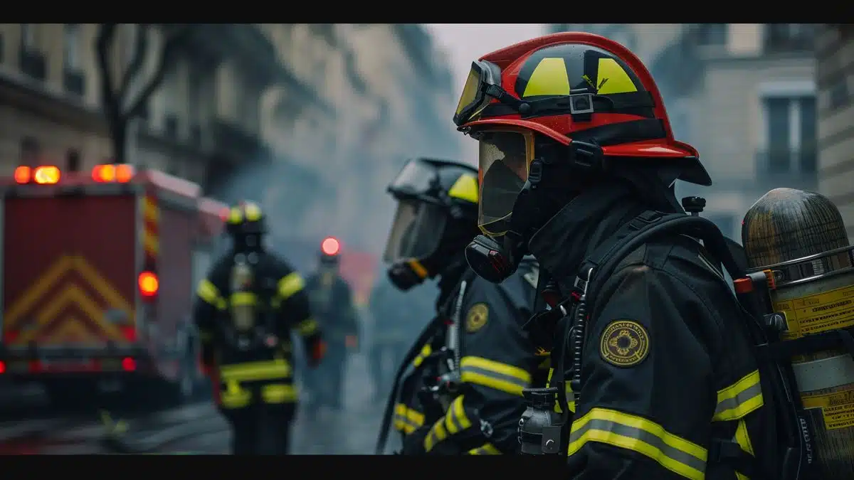 Firefighters in full gear assisting residents during emergency evacuation in Paris.