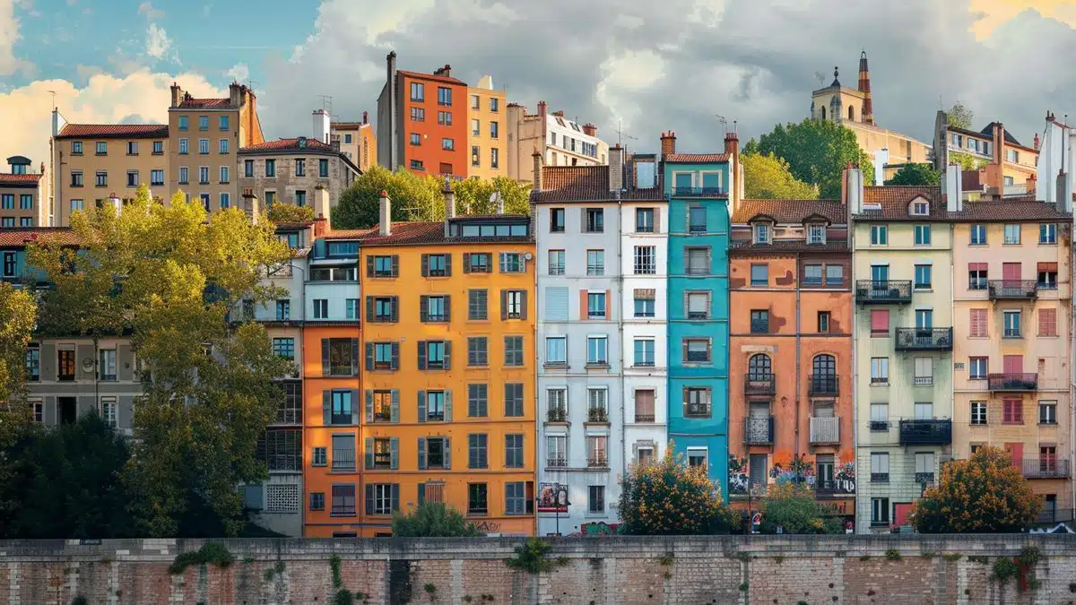 Lyon cityscape with multiple visible restored murals.