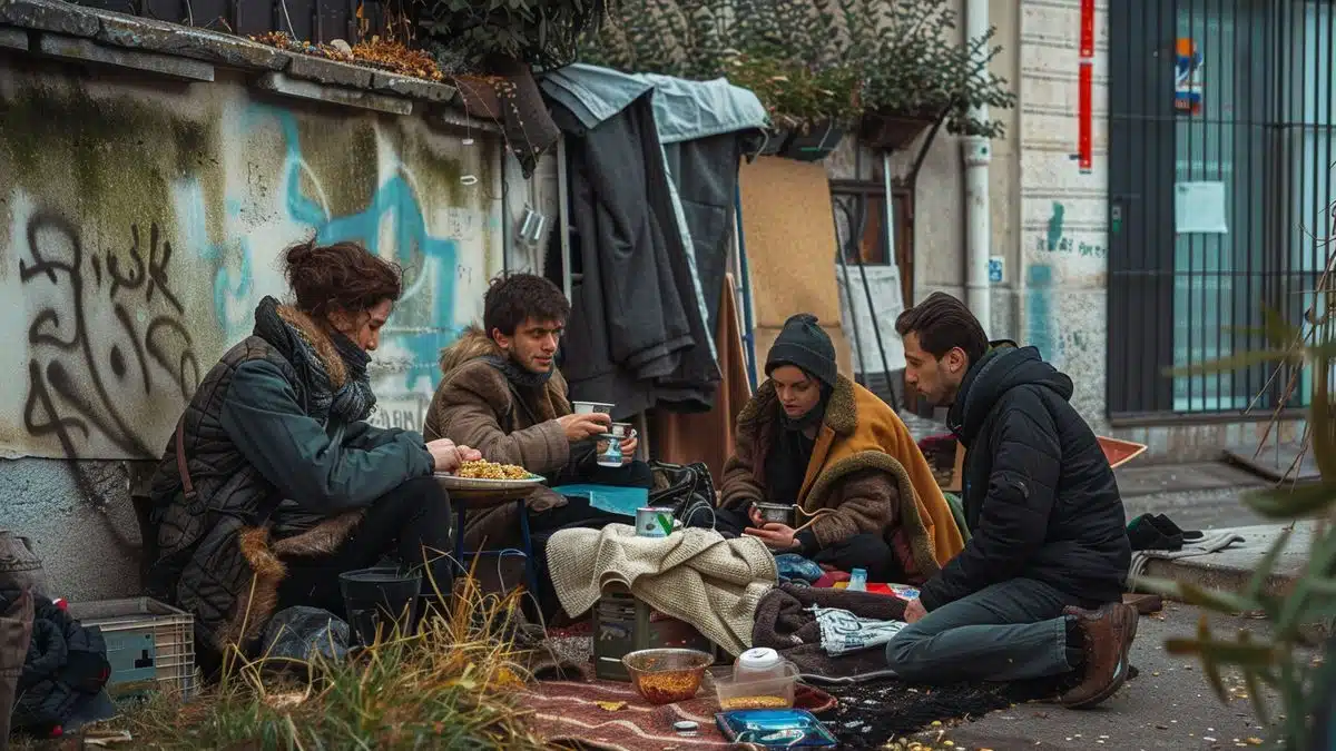 Neighbors sharing food and blankets outside their homes in Corbas, Lyon.