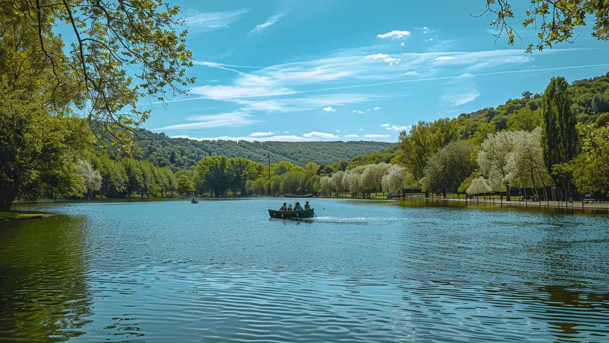 Boating on a peaceful lake with scenic views in Parc de la Tête d'Or, Lyon.