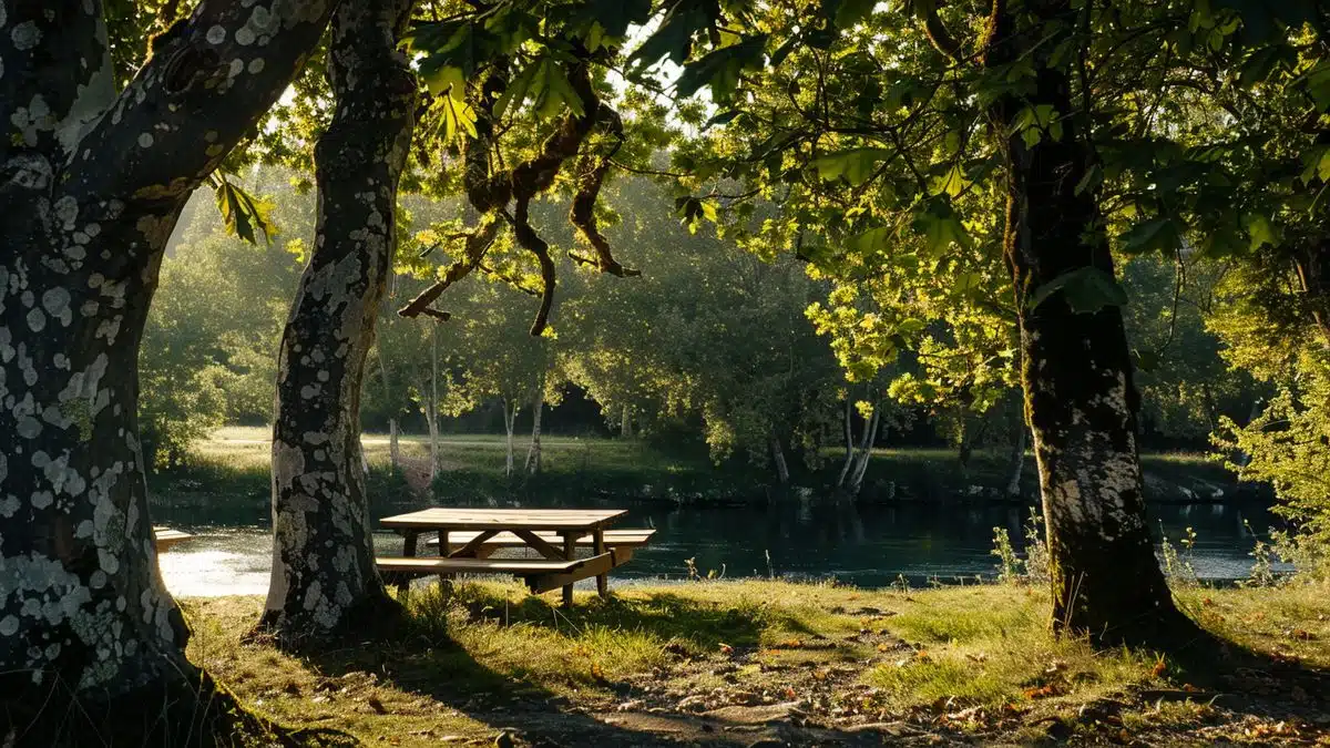 Picnic setup under trees near Bordelan water, VillefranchesurSaône.