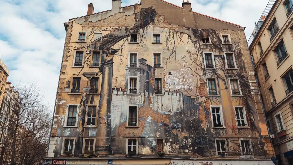 Weatherworn mural on an old building in Lyon.