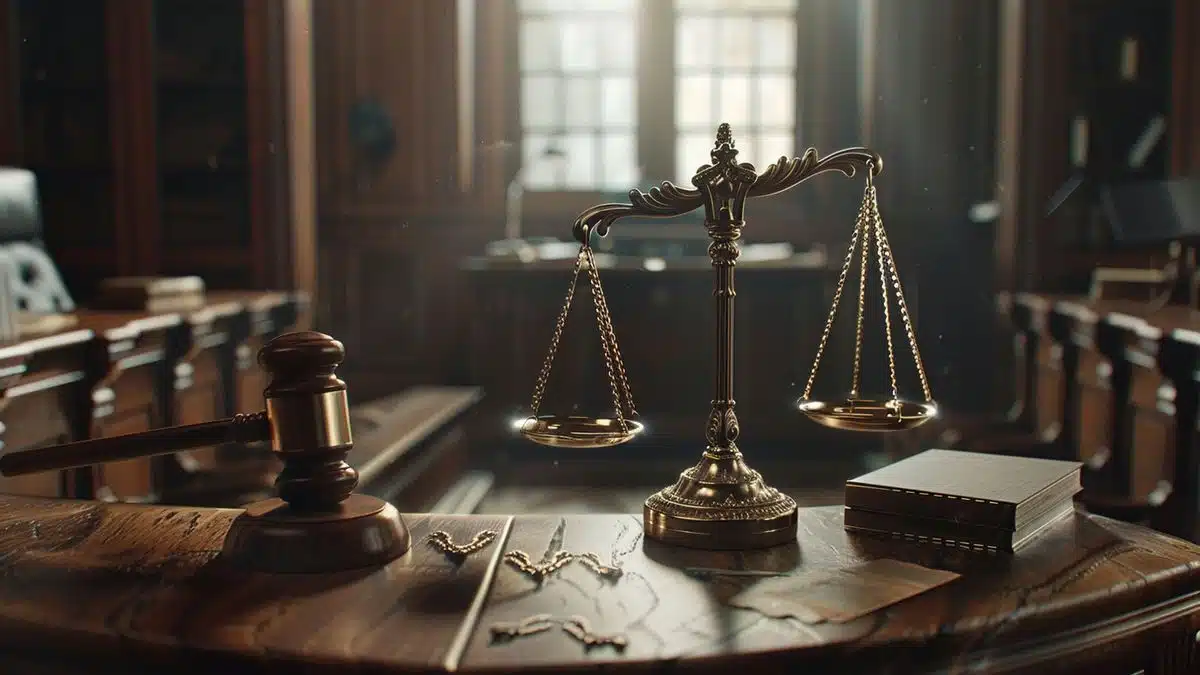 Gavel and scales of justice on a wooden desk in a courtroom.