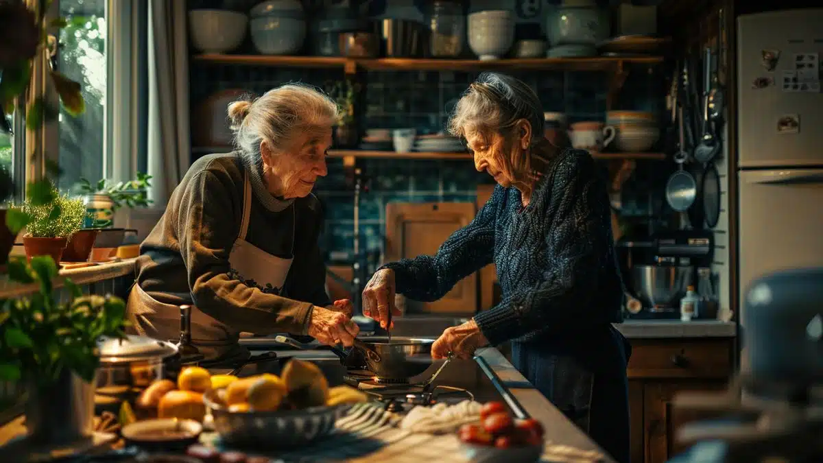 Grandmother and granddaughter sharing a secret family recipe in a cozy Lyon kitchen.