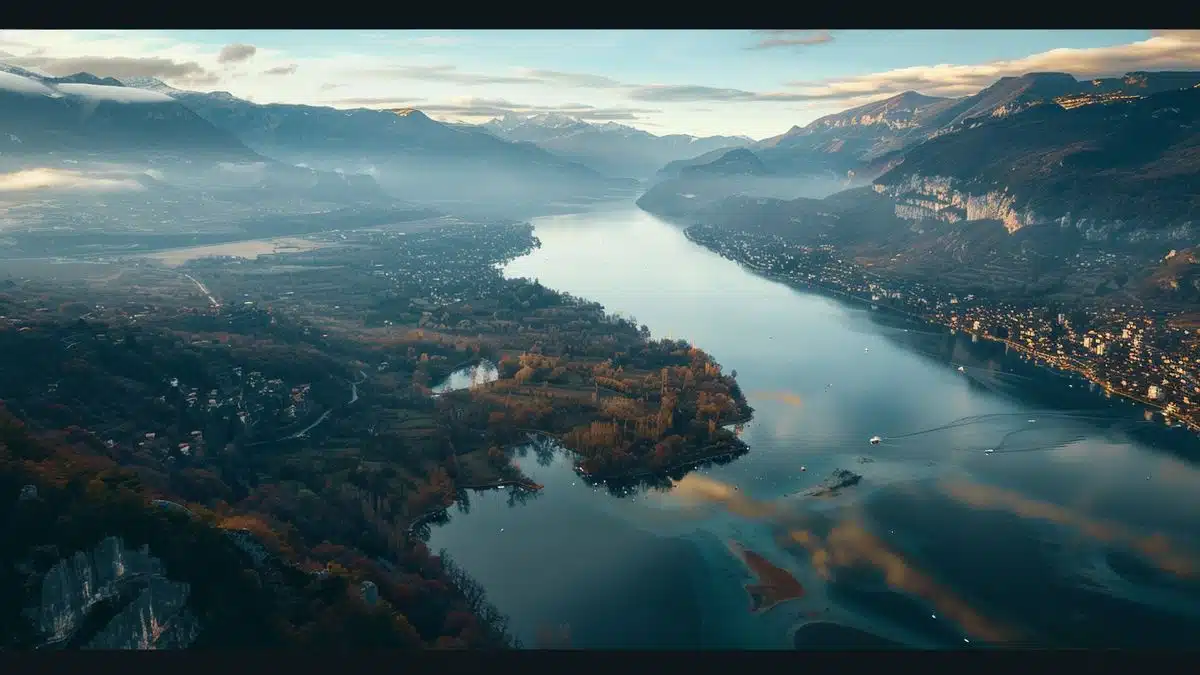 Panoramic view of Annecy from above, highlighting the lake and surrounding mountains.