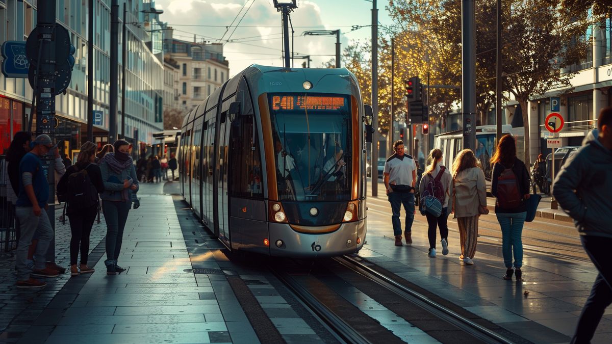 People boarding a tram in Lyon during the day.