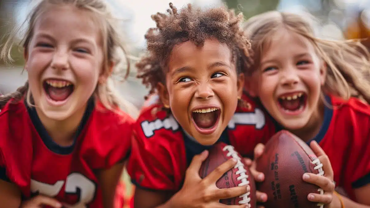 Excited children wearing team jerseys, holding footballs.