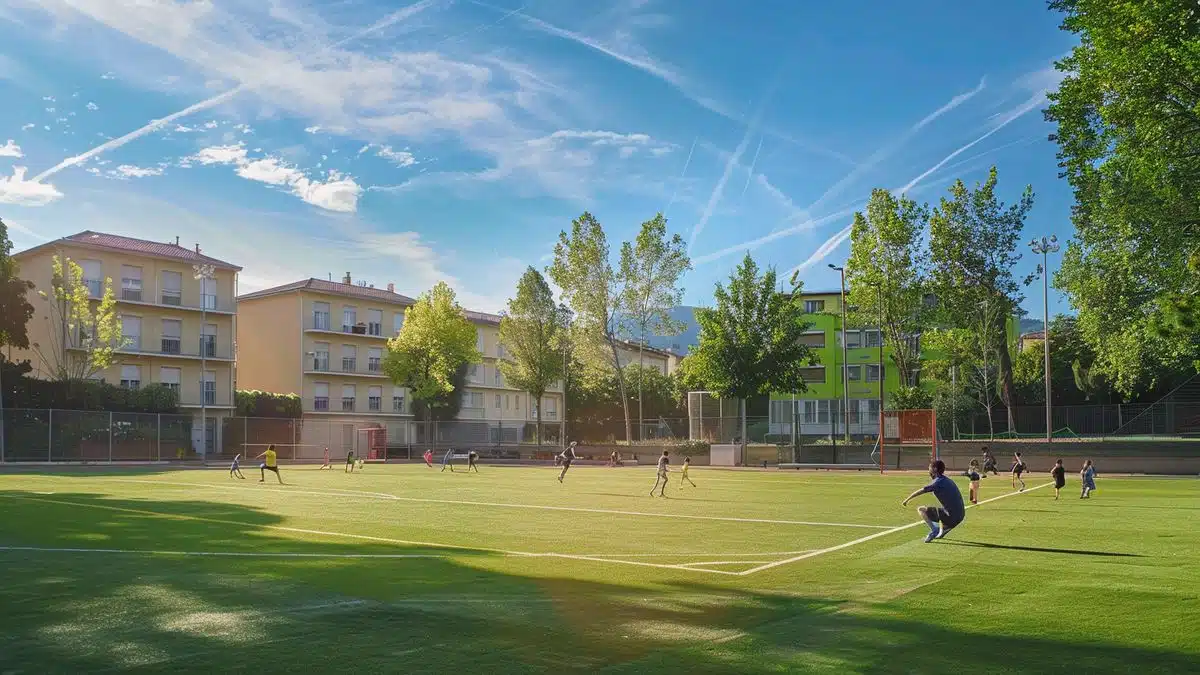 Outdoor sports field with children playing at Collège Jean Mace, Villeurbanne.