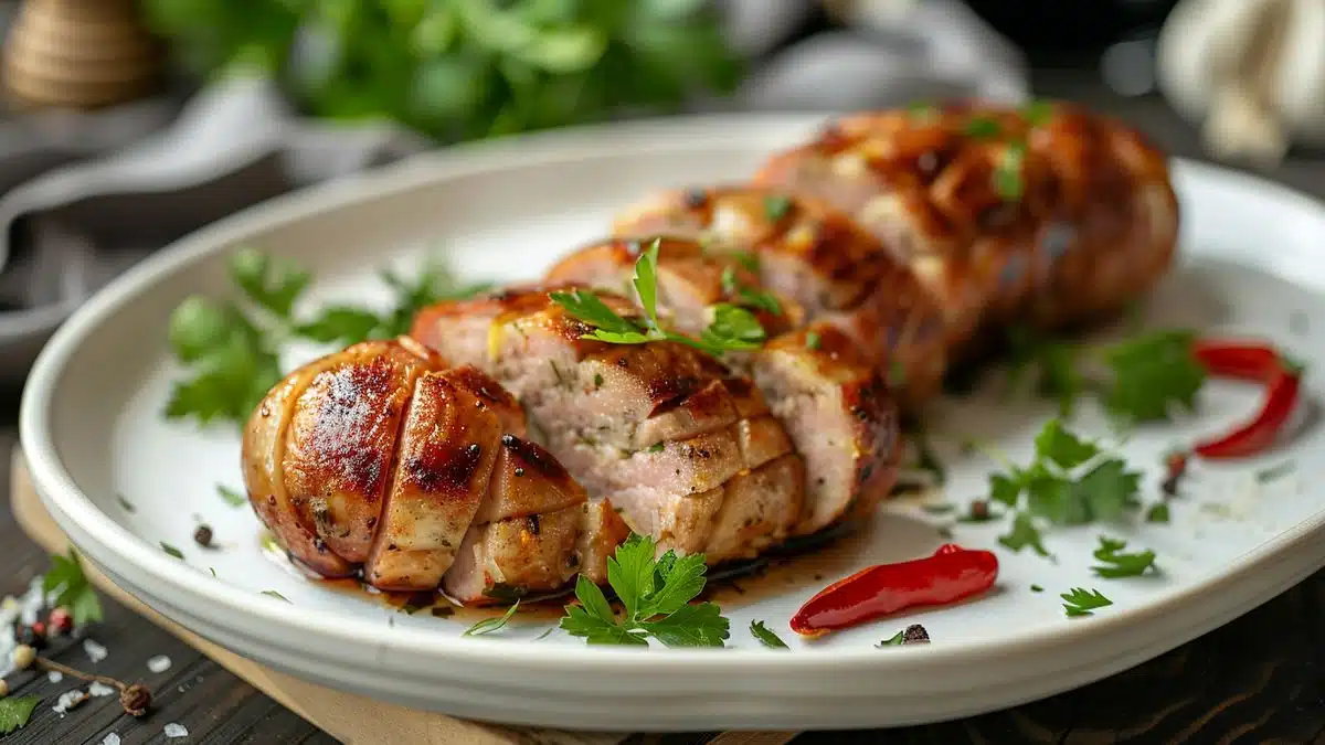 Sliced Briochewrapped sausage on a white plate with parsley garnish.