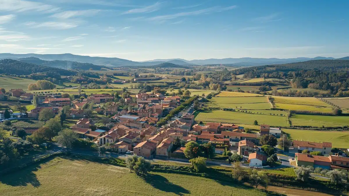 Aerial view of the quiet town of Corbas, highlighting key locations.