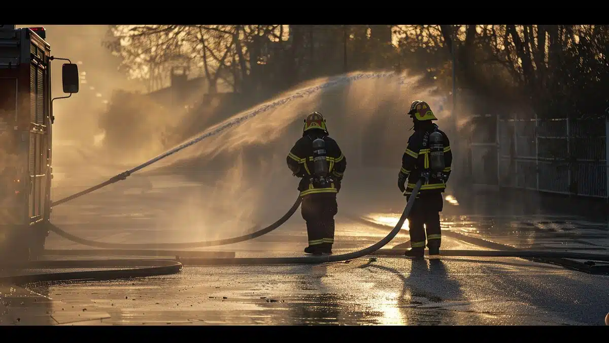 Firefighters in Corbas early morning, hoses spraying water.