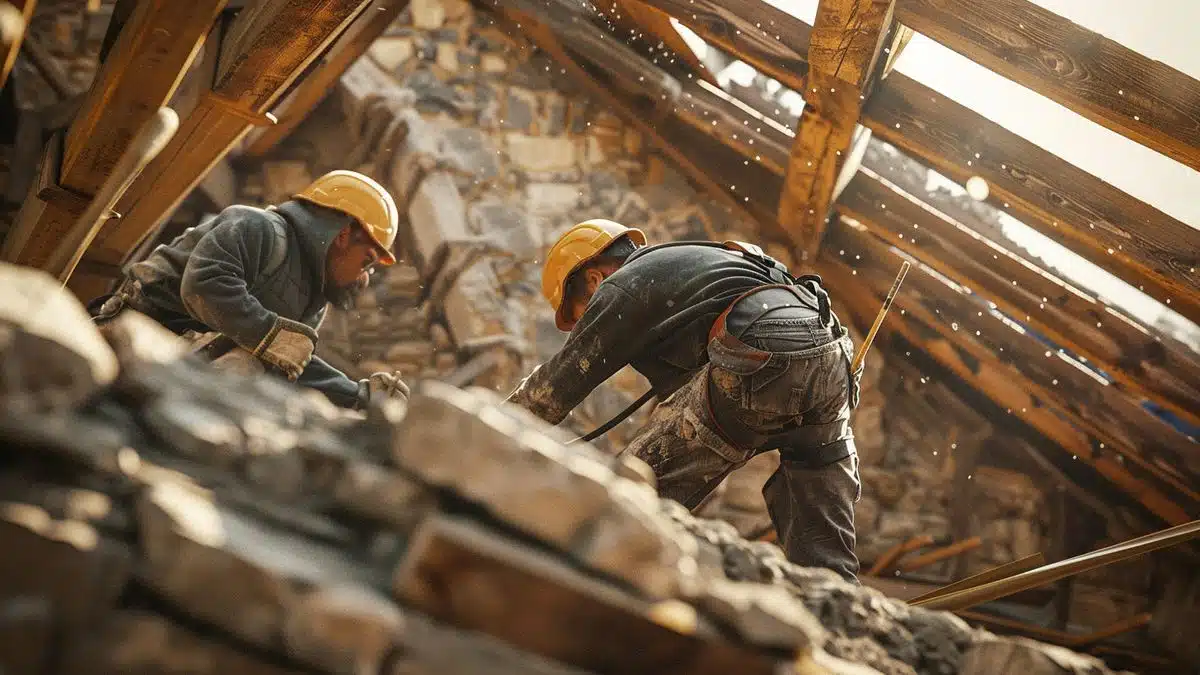 Workers reinforcing a wall with wooden beams.