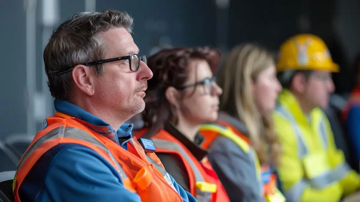 Employees attentively listening during a safety training session.