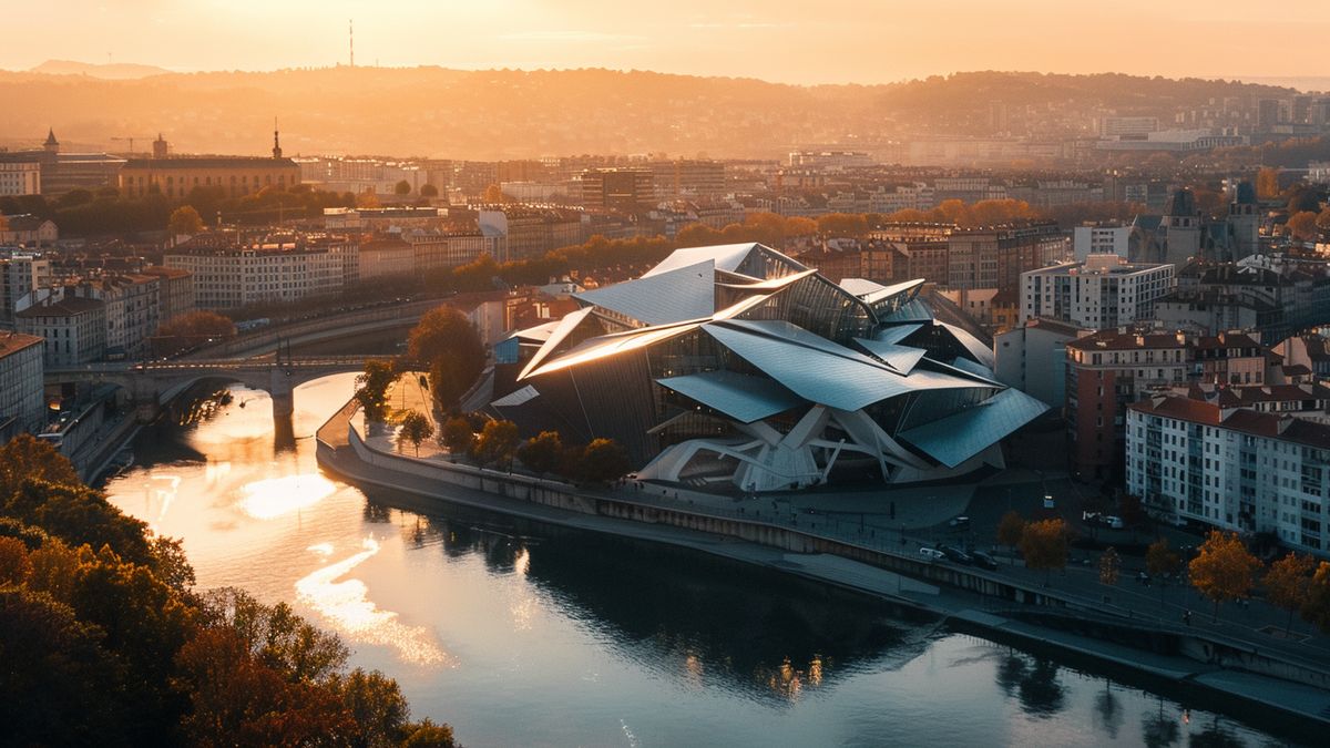 Aerial view of Musée des Confluences' unique structure amidst Lyon's cityscape.