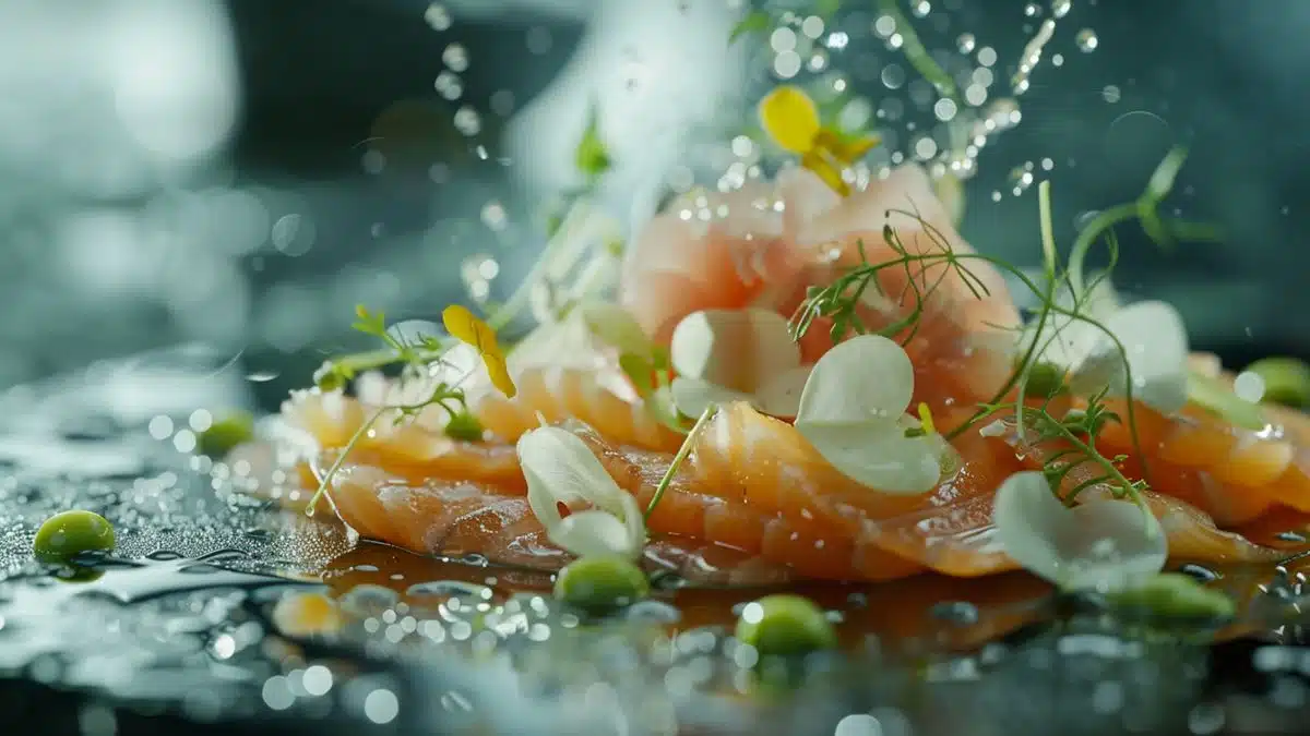 Closeup of a delicately prepared dish with local ingredients.