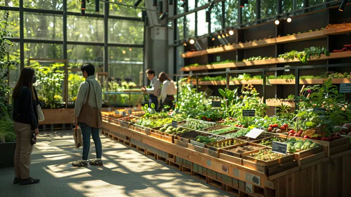 Visitors exploring exhibits of gardening books, seeds, and fruits in an open space.