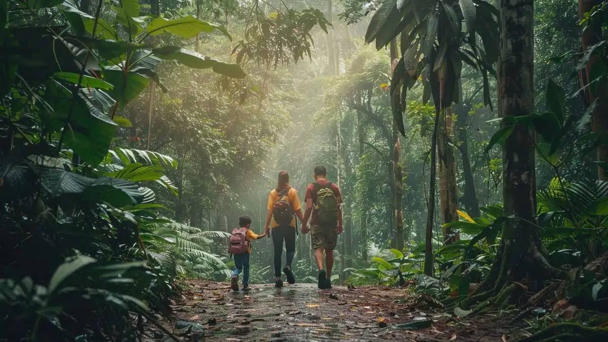 Family walking in lush forest under a canopy of tall trees.