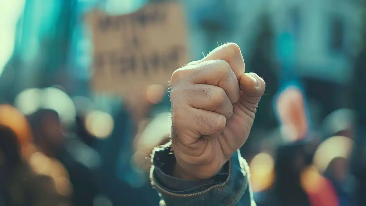 Closeup of a teacher's hand holding a protest sign.