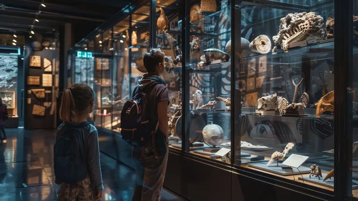 Families exploring exhibits at Lugdunum Museum, Lyon.