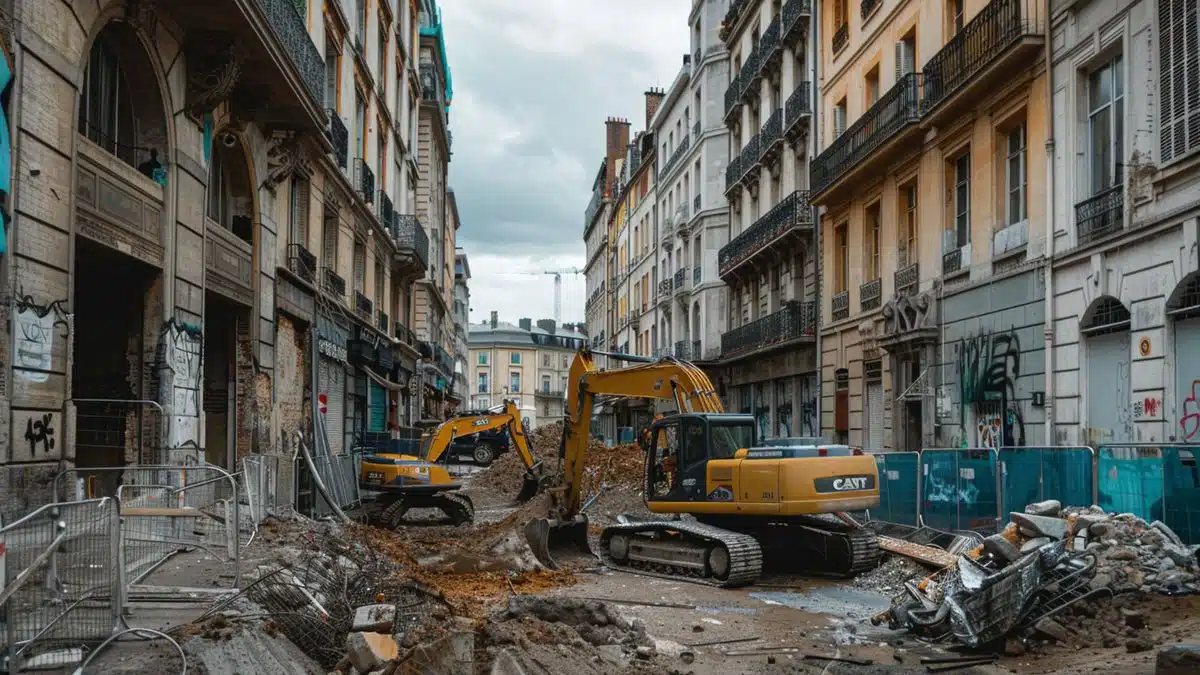 Urban renovation project in progress with workers and machinery in Lyon.