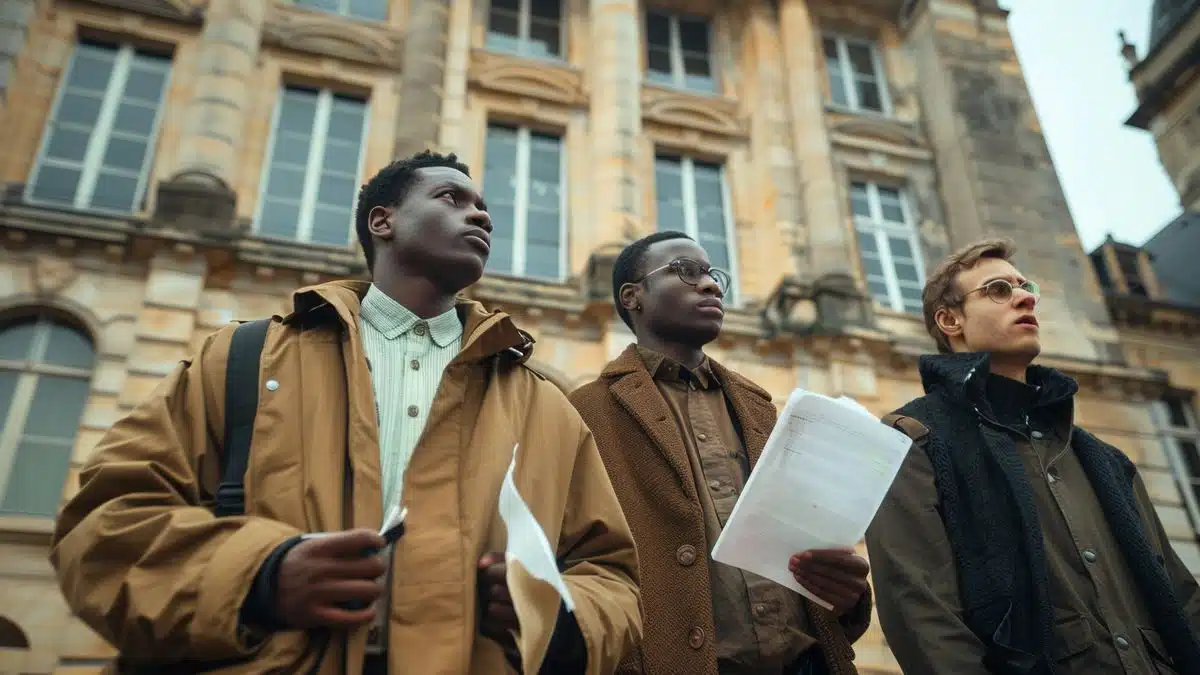 Suspects standing in front of Lyon courthouse, serious expressions, legal papers in hand.