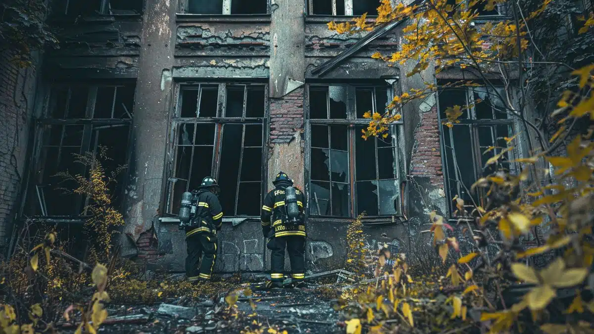 Firefighters assessing structural integrity of an old building with visible cracks and water stains.