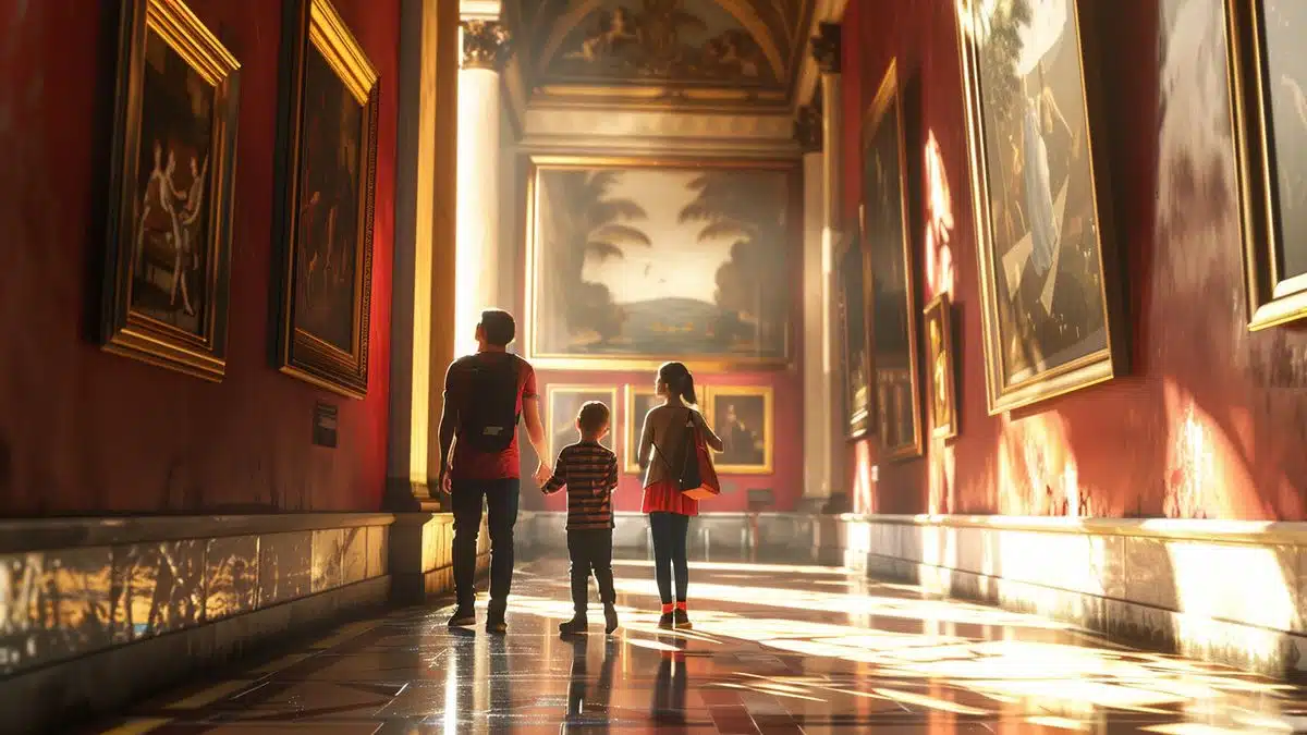 Families visiting a museum, admiring art pieces.