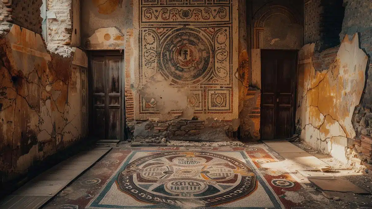 Intricate Roman mosaics on display, showcasing historical artistry.