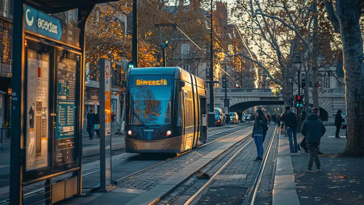 Information board showing adjusted tram schedules in Lyon.