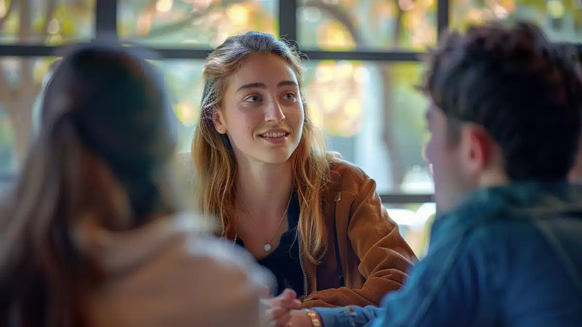 Isabelle Huault engaging in an animated discussion with students.