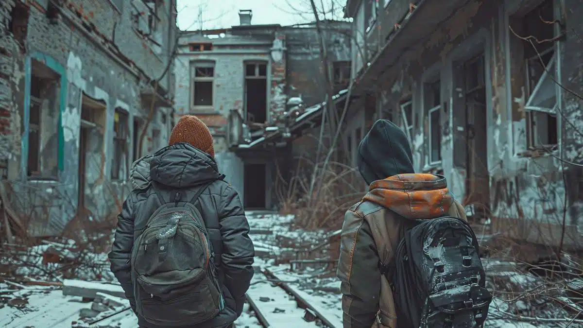 Young individuals loitering around rundown buildings.