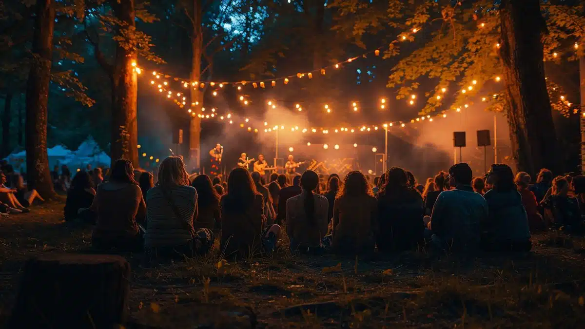 Group of friends watching a night show at The Bois des Lutins.